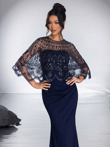 New Arrival High-End Elegant Sequin Shawl Bustier Mermaid Evening Dress With Beaded Detail