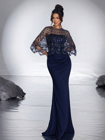 New Arrival High-End Elegant Sequin Shawl Bustier Mermaid Evening Dress With Beaded Detail