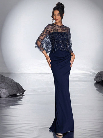 New Arrival High-End Elegant Sequin Shawl Bustier Mermaid Evening Dress With Beaded Detail