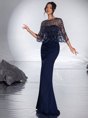 New Arrival High-End Elegant Sequin Shawl Bustier Mermaid Evening Dress With Beaded Detail