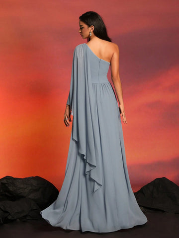 New Arrival High-End Elegant Solid Color Asymmetric Collar Split Thigh Formal Evening Dress For Cocktail Parties