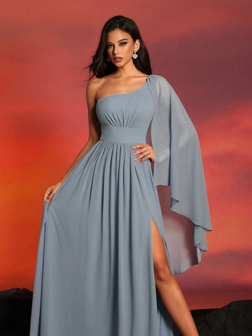 New Arrival High-End Elegant Solid Color Asymmetric Collar Split Thigh Formal Evening Dress For Cocktail Parties