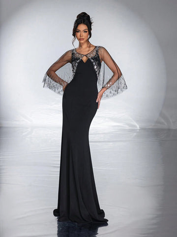 New Arrival High-End Sequined Mesh Cloak, Elegant Mermaid Evening Dress