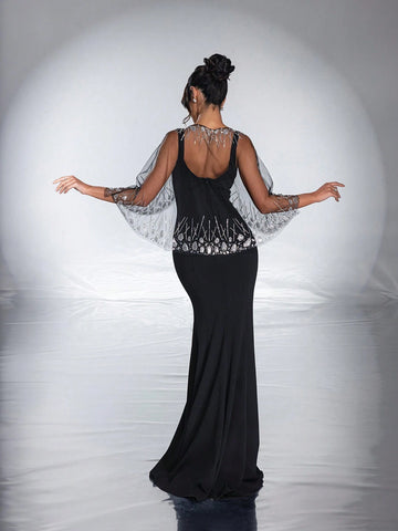 New Arrival High-End Sequined Mesh Cloak, Elegant Mermaid Evening Dress