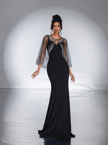 New Arrival High-End Sequined Mesh Cloak, Elegant Mermaid Evening Dress