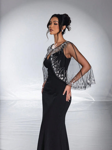 New Arrival High-End Sequined Mesh Cloak, Elegant Mermaid Evening Dress