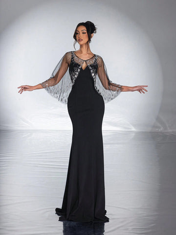 New Arrival High-End Sequined Mesh Cloak, Elegant Mermaid Evening Dress