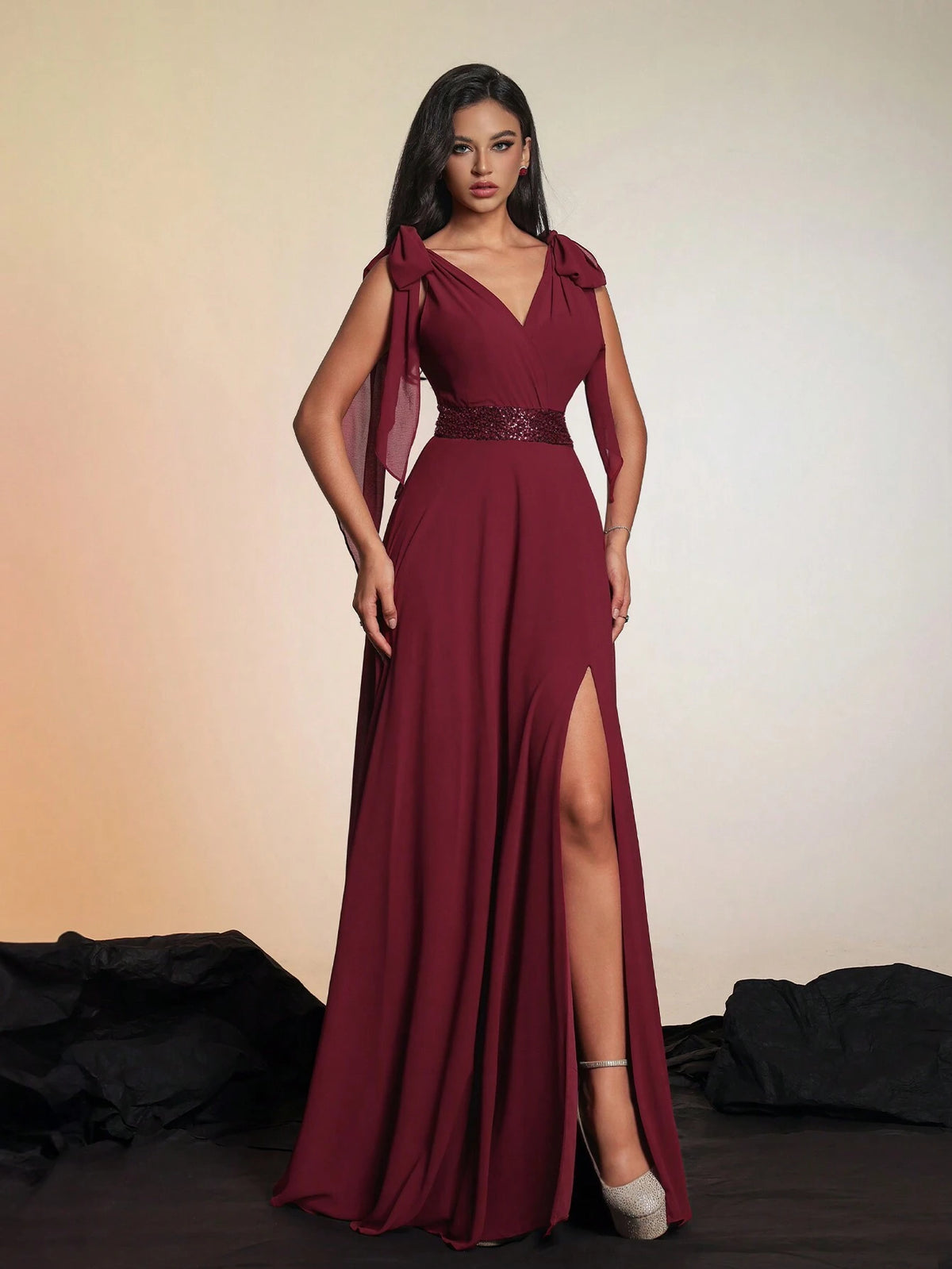 New Arrival Luxurious And Uncommon High-End Solid Color Knot & Split Thigh Sleeveless Cocktail Party & Evening Dress