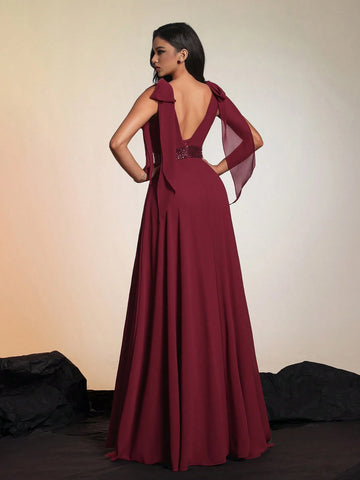 New Arrival Luxurious And Uncommon High-End Solid Color Knot & Split Thigh Sleeveless Cocktail Party & Evening Dress