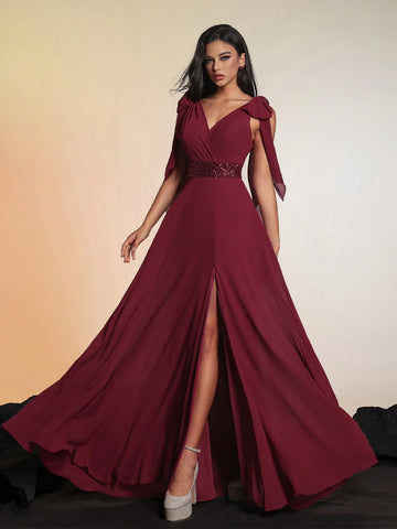 New Arrival Luxurious And Uncommon High-End Solid Color Knot & Split Thigh Sleeveless Cocktail Party & Evening Dress