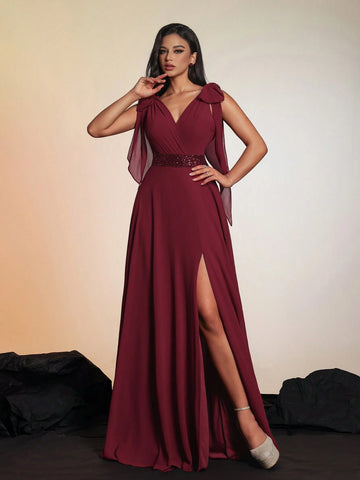 New Arrival Luxurious And Uncommon High-End Solid Color Knot & Split Thigh Sleeveless Cocktail Party & Evening Dress