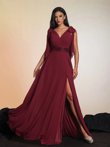 New Arrival Luxurious And Uncommon High-End Solid Color Knot & Split Thigh Sleeveless Cocktail Party & Evening Dress