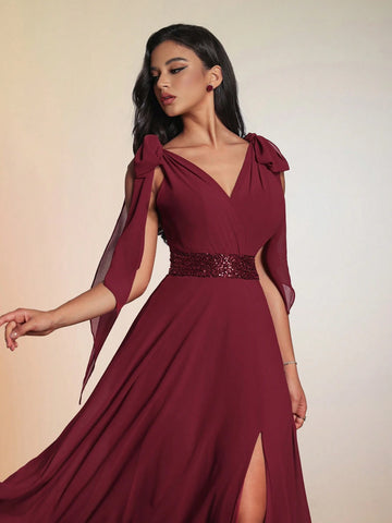 New Arrival Luxurious And Uncommon High-End Solid Color Knot & Split Thigh Sleeveless Cocktail Party & Evening Dress