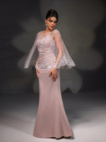 New Arrival Pink Lace Shawl Bodycon Mermaid Evening Dress Set