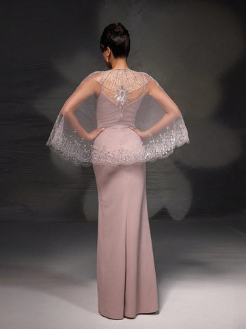 New Arrival Pink Lace Shawl Bodycon Mermaid Evening Dress Set