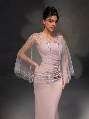 New Arrival Pink Lace Shawl Bodycon Mermaid Evening Dress Set