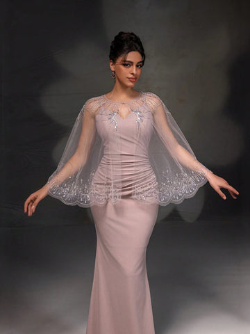 New Arrival Pink Lace Shawl Bodycon Mermaid Evening Dress Set