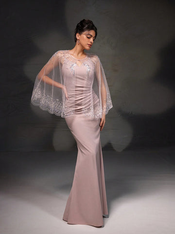 New Arrival Pink Lace Shawl Bodycon Mermaid Evening Dress Set