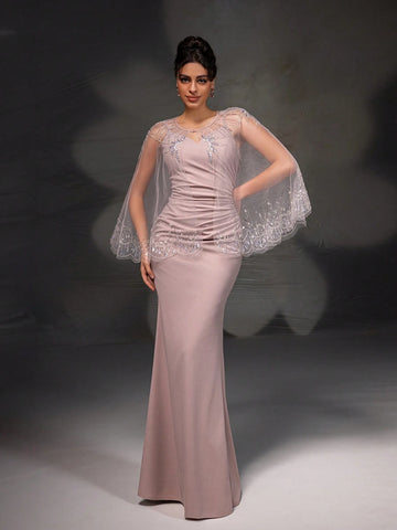 New Arrival Pink Lace Shawl Bodycon Mermaid Evening Dress Set