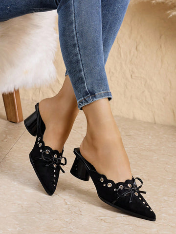 New Arrival Pointed Toe Bowknot Hollow Out Chunky Heel Mules, Spring/Autumn