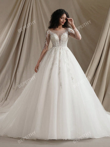 New Arrival Princess Long Sleeves Shinny Wedding Dresses Sexy Deep V Neck Bride Ivory Glitter Bridal Gown With Beading Bodice