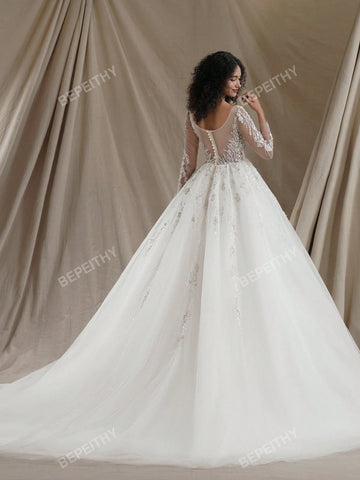 New Arrival Princess Long Sleeves Shinny Wedding Dresses Sexy Deep V Neck Bride Ivory Glitter Bridal Gown With Beading Bodice