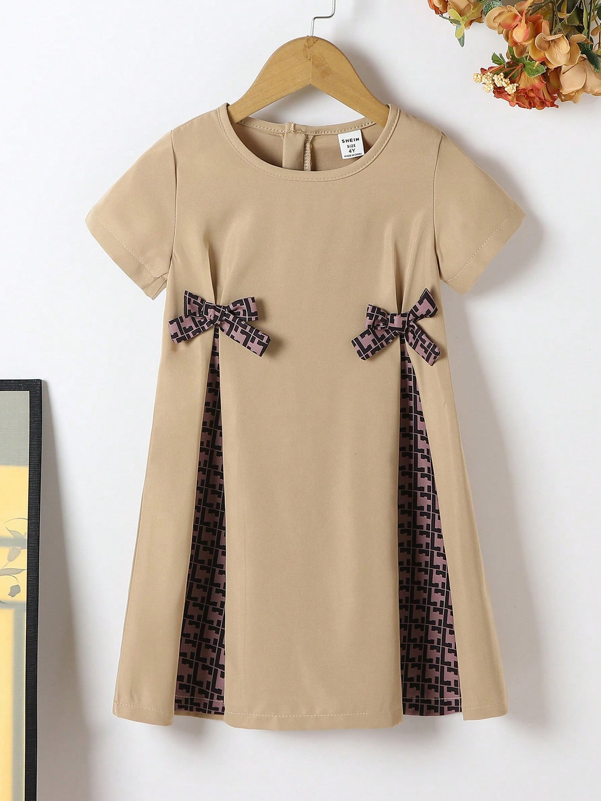 New Arrival Spring/Autumn Young Girls Fashion Print Bow-Knot Waist Spacedye A-Line Dress With Short Sleeves For Everyday Wear