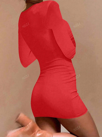 New Arrival Square Neck Short Bodycon Dress With Long Sleeves, Casual Skirt Outfit For Autumn