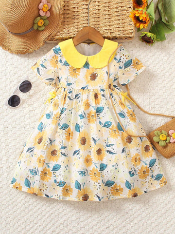 New Arrival Summer Casual Butterfly Decorated Dress For Toddler Girls, Cute Flower Print Short Sleeve Turn-Down Collar Dress