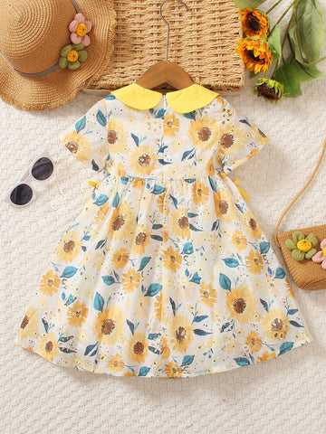 New Arrival Summer Casual Butterfly Decorated Dress For Toddler Girls, Cute Flower Print Short Sleeve Turn-Down Collar Dress