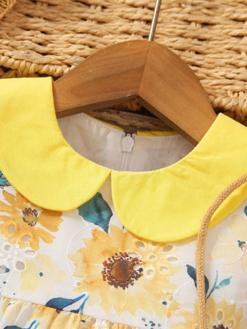 New Arrival Summer Casual Butterfly Decorated Dress For Toddler Girls, Cute Flower Print Short Sleeve Turn-Down Collar Dress