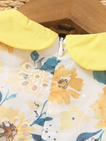 New Arrival Summer Casual Butterfly Decorated Dress For Toddler Girls, Cute Flower Print Short Sleeve Turn-Down Collar Dress