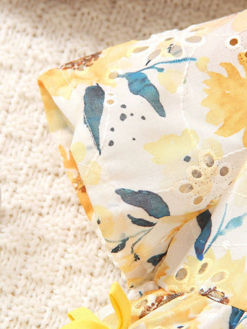 New Arrival Summer Casual Butterfly Decorated Dress For Toddler Girls, Cute Flower Print Short Sleeve Turn-Down Collar Dress