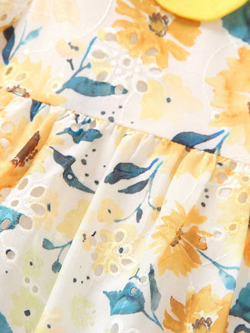 New Arrival Summer Casual Butterfly Decorated Dress For Toddler Girls, Cute Flower Print Short Sleeve Turn-Down Collar Dress