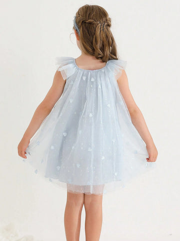 New Arrival Summer Sleeveless Mesh Dress With Embroidered Heart And Printed Love For Little Girls
