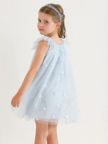 New Arrival Summer Sleeveless Mesh Dress With Embroidered Heart And Printed Love For Little Girls