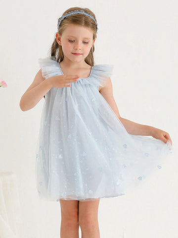 New Arrival Summer Sleeveless Mesh Dress With Embroidered Heart And Printed Love For Little Girls