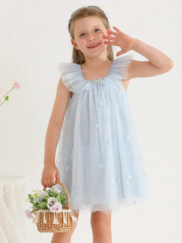 New Arrival Summer Sleeveless Mesh Dress With Embroidered Heart And Printed Love For Little Girls