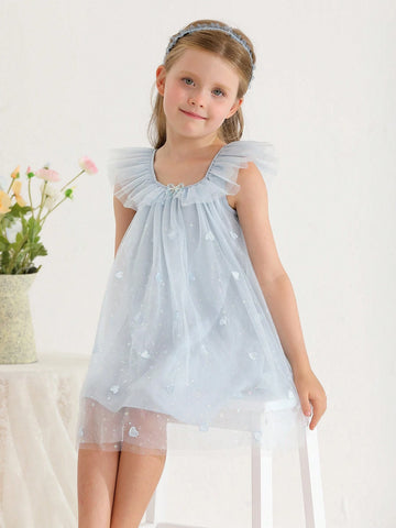 New Arrival Summer Sleeveless Mesh Dress With Embroidered Heart And Printed Love For Little Girls
