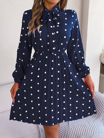 New Arrival Winter Long Sleeve Polka Dot Printed Tie Neckline And Pleated Waist Dress