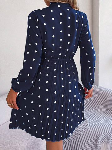 New Arrival Winter Long Sleeve Polka Dot Printed Tie Neckline And Pleated Waist Dress