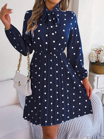 New Arrival Winter Long Sleeve Polka Dot Printed Tie Neckline And Pleated Waist Dress
