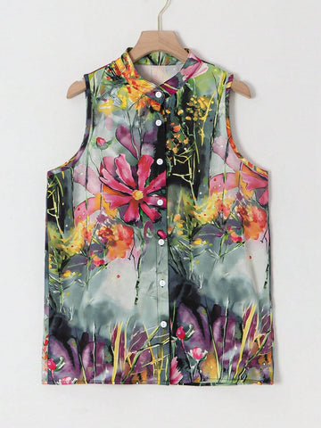 New Arrival Women Fashion Sleeveless Printed Blouse With Random Print