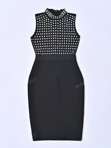 New Arrival Women Sleeveless Rhinestone High Collar Elegant Black Party Dress