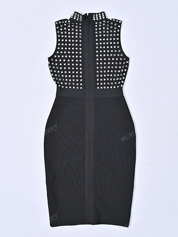 New Arrival Women Sleeveless Rhinestone High Collar Elegant Black Party Dress