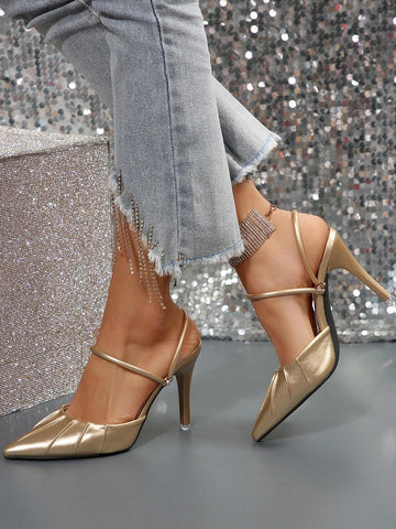 New Arrival Women's French-style High Heels, Gold Color, Summer, Sexy Pointed Toe, Ankle Strap, Thin Heel, Open Toe
