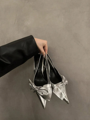 New Arrival Women's High Heel Shoes, European And American Style Glittering Silver Metallic Finish Stiletto Heels With Bow Decoration,