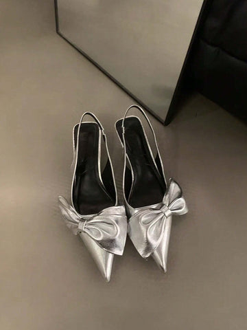 New Arrival Women's High Heel Shoes, European And American Style Glittering Silver Metallic Finish Stiletto Heels With Bow Decoration,