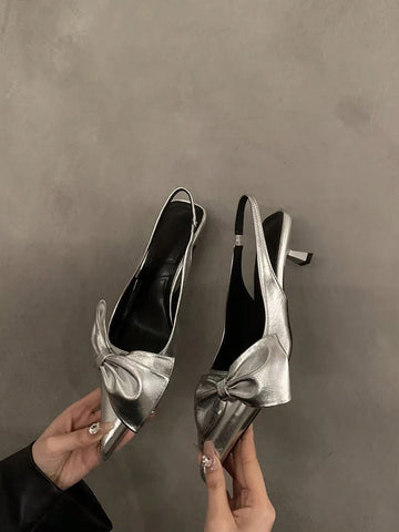 New Arrival Women's High Heel Shoes, European And American Style Glittering Silver Metallic Finish Stiletto Heels With Bow Decoration,