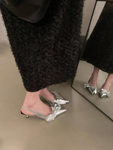 New Arrival Women's High Heel Shoes, European And American Style Glittering Silver Metallic Finish Stiletto Heels With Bow Decoration,